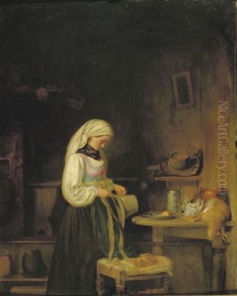 Ein Madchen Schmuckt Den Hut Ihres Geliebten Oil Painting by Johann Friedrich Karl Kreul