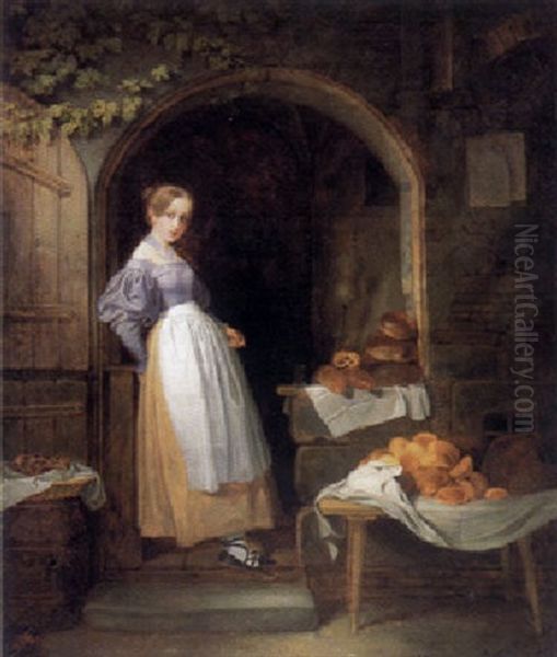 Das Backermadchen Steht Mit Ihren Backwaren In Der Eingangstur Ihres Alten Hauses Oil Painting by Johann Friedrich Karl Kreul