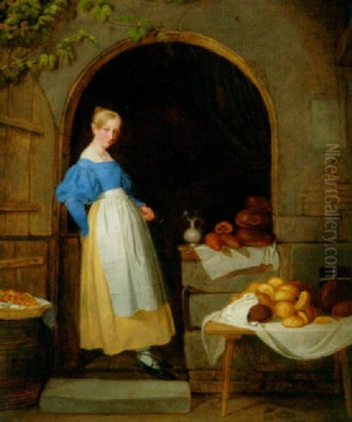 A Young Woman Selling Bread Oil Painting by Johann Friedrich Karl Kreul