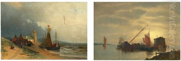 Bateaux Sur La Plage Pres D'un Hameau Et Calfatage D'un Navire (pair) Oil Painting by Alexandre Ferdinand Kreutzer