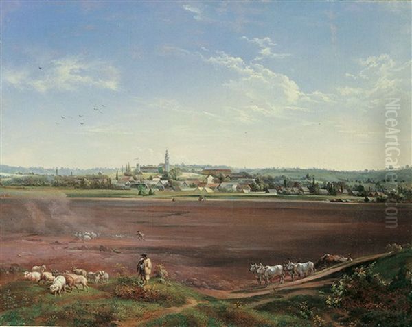 Osterreichische Landschaft Mit Einem Stadtchen Und Bauerlicher Staffage Oil Painting by Conrad Kreutzer