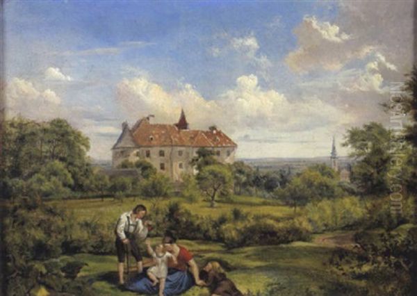 Familienidylle In Gartenlandschaft Oil Painting by Conrad Kreutzer