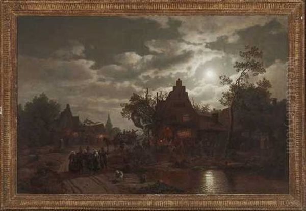 Hollandische Jahrmarktsszene Im Mondschein Oil Painting by Felix Kreutzer