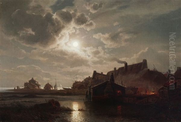 Moonlit Nocturnal Shoreline Scene With Boats Figures And Dwellings Oil Painting by Felix Kreutzer