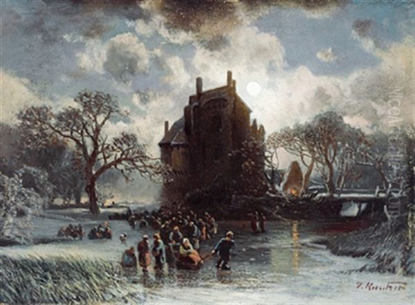 Eisvergnugen In Einer Mondnacht Oil Painting by Felix Kreutzer