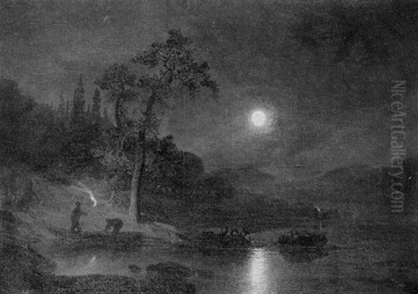 Fishermen In A Nocturnal Landscape Oil Painting by Felix Kreutzer