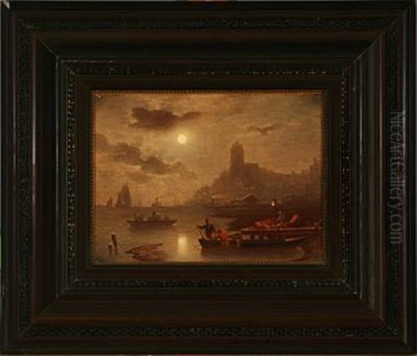 Harbour Scene In Moonlight by Franz Kreuzer