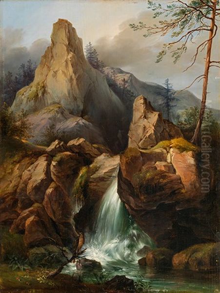 Mountainscape With A Waterfall Oil Painting by Vinzenz Kreuzer