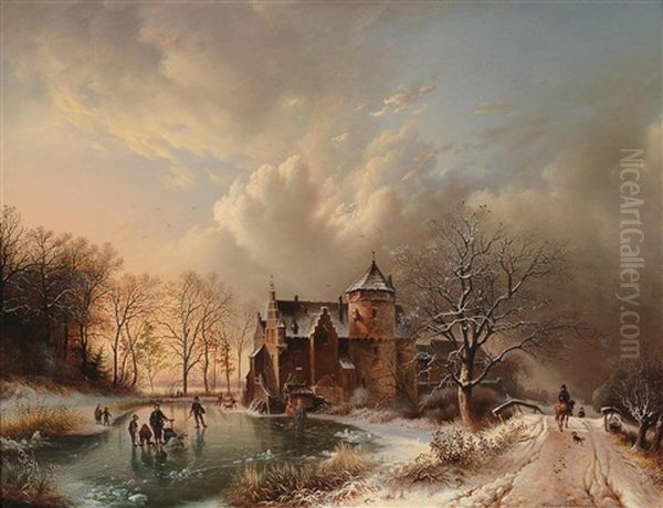 Ice-skaters By A Castle, A Rider With Dog On A Bridge On The Right Oil Painting by Vinzenz Kreuzer