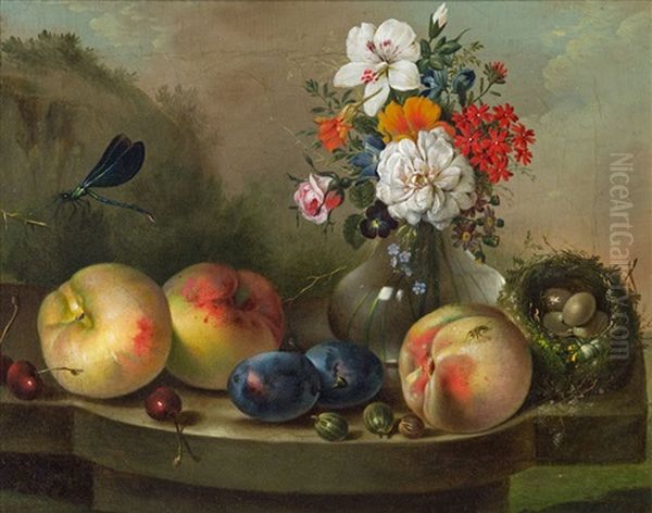 Stillleben Mit Blumen, Fruchten Und Libelle Oil Painting by Vinzenz Kreuzer