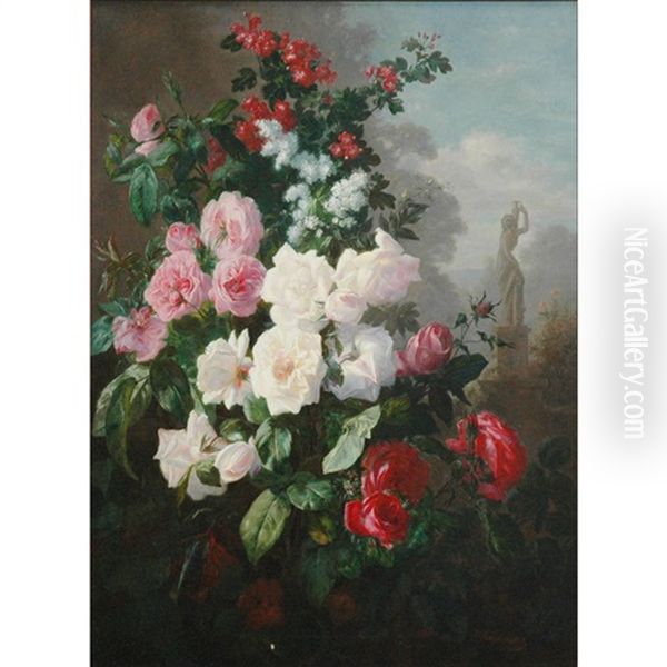 Still Life Of Roses And Blossoms In A Garden Oil Painting by Alexis Kreyder