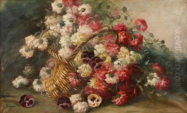 Nature Morte Au Bouquet D'oeillets Et Pensees Dans Un Panier by Alexis Kreyder