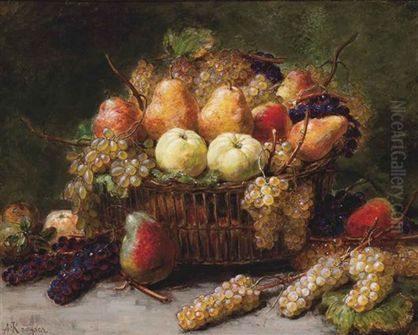 Pears, Apples And Grapes In A Wicker Basket On A Stone Ledge Oil Painting by Alexis Kreyder