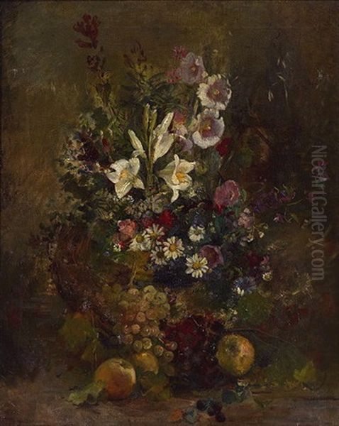 Stillleben Mit Grossem Blumenstrauss, Trauben Und Apfeln Oil Painting by Alexis Kreyder