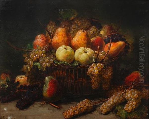 Still Life With An Overflowing Basket Of Apples, Pears And Grapes Oil Painting by Alexis Kreyder