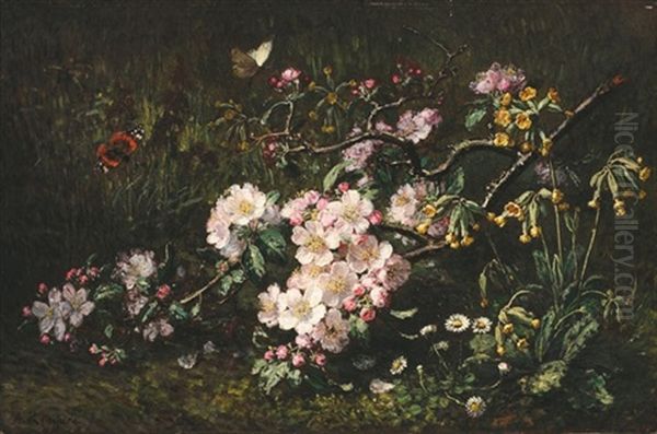 Fleurs De Pommier, Coucous Et Papillon Oil Painting by Alexis Kreyder