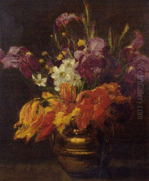 Still Life With Irises, Narcisssus And Tulips Oil Painting by Alexis Kreyder