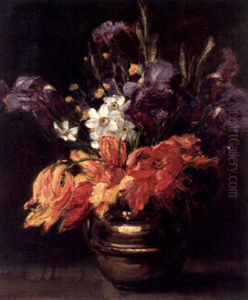 Stilleben Med Vildblommor I Kopparkittel Oil Painting by Alexis Kreyder