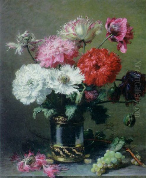 Poppies In A Metal Vase With A Bunch Of Grapes On A Table Oil Painting by Alexis Kreyder