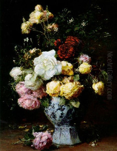 Still Life Of Roses With A Chinese Vase Oil Painting by Alexis Kreyder