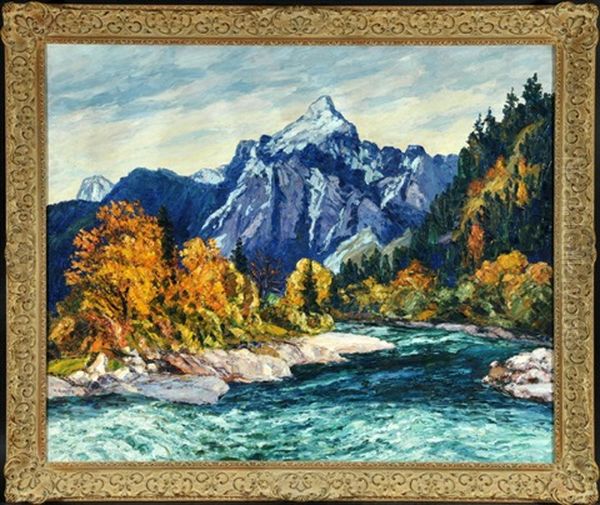 Am Lech Bei Fussen Mit Schonleitenschrofen Oil Painting by Hugo (Emil Albert Hugo) Kreyssig