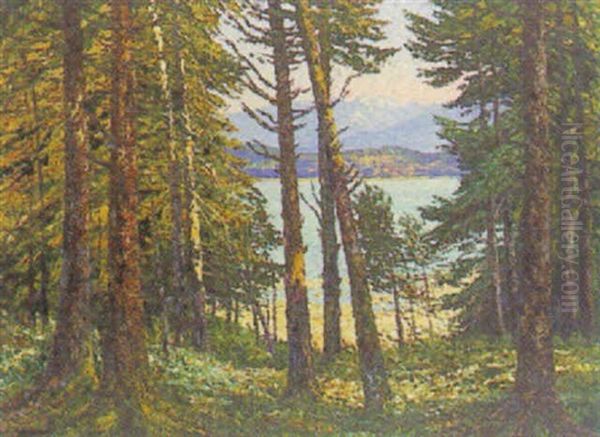 Blick Aus Dem Walde Auf Den Starnbergersee Oil Painting by Hugo (Emil Albert Hugo) Kreyssig