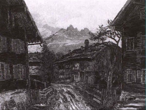 Dorfstrase In Regenstimmung- Oberstdorf Im Allgau Oil Painting by Hugo (Emil Albert Hugo) Kreyssig