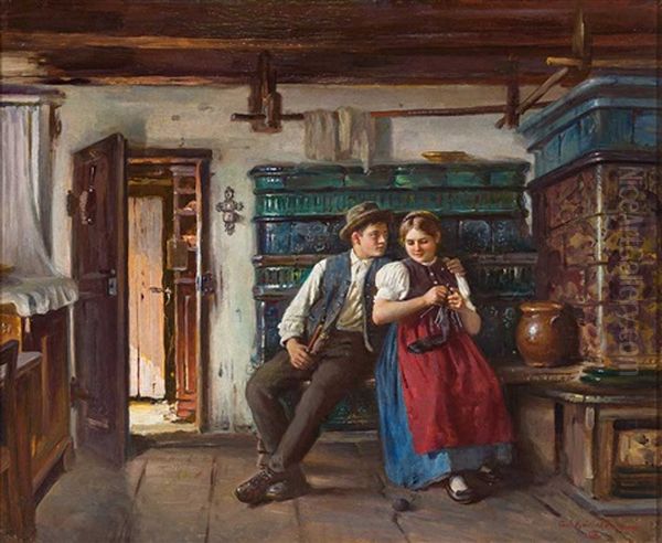 Junges Paar In Tracht In Der Stube Am Kachelofen Sitzend Oil Painting by Carl Kricheldorf