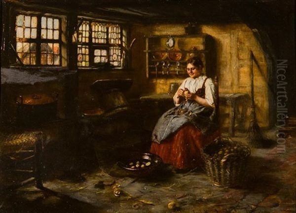 Interior With A Woman Peeling Potatoes Oil Painting by Carl Kricheldorf