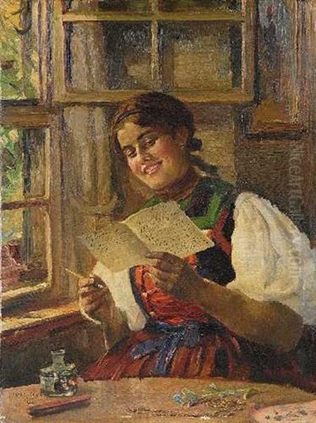 Der Liebesbrief: Lesendes Dirndl Am Fenster Oil Painting by Carl Kricheldorf