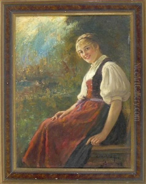 Sitzendes Madel In Tracht Oil Painting by Carl Kricheldorf