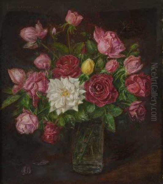 Rosen In Glasvase Oil Painting by Hermann Gottlieb Kricheldorf