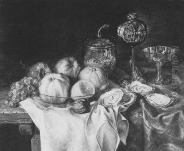 Variastilleben Mit Obst, Austern, Walnus Und Verzierten Glasgefasen Oil Painting by Hermann Gottlieb Kricheldorf