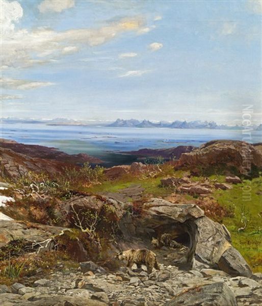 Bears In A Cave In The Lofoten Oil Painting by Josef Krieger