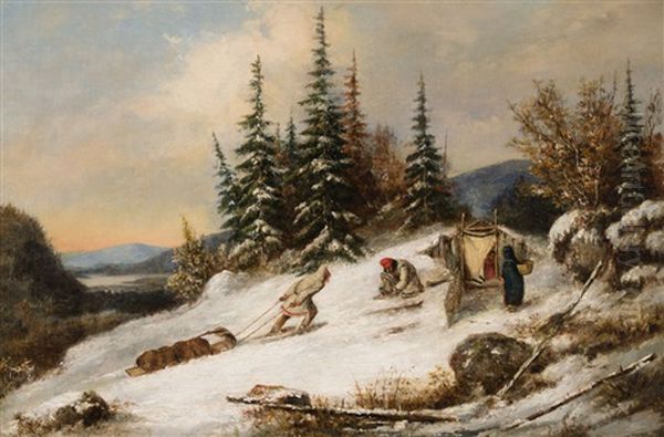 Indian Family Camping In Winter Oil Painting by Cornelius David Krieghoff