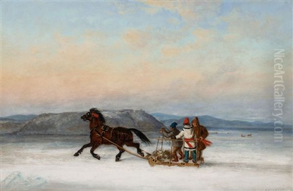 Three Habitants Sledding On The St. Lawrence At Quebec Oil Painting by Cornelius David Krieghoff