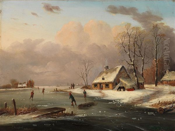 Skating In Winter Oil Painting by Cornelius David Krieghoff