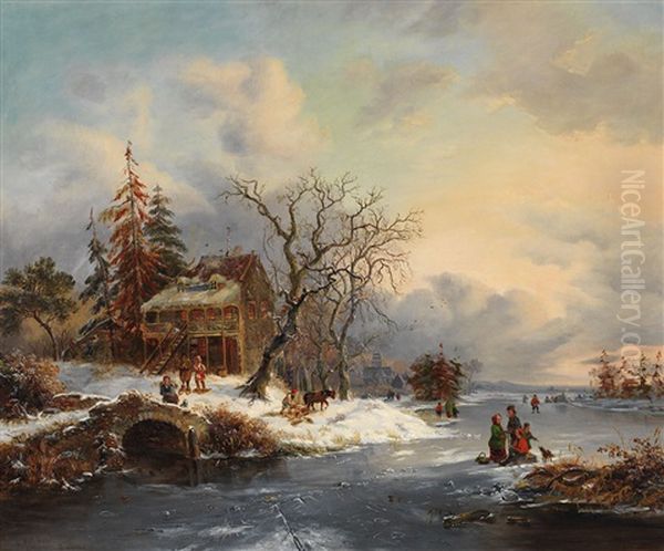 Skating On The Pond Oil Painting by Cornelius David Krieghoff