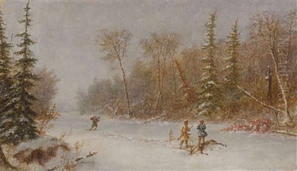 Caribou Hunters In A Winter Snow Storm Oil Painting by Cornelius David Krieghoff