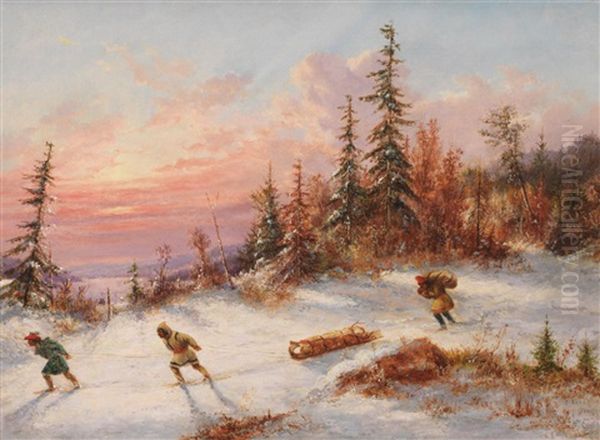 Indian Hunters Crossing A Winter Clearing At Sunset Oil Painting by Cornelius David Krieghoff