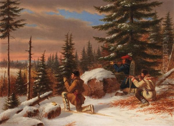 Gentlemen And Indian Hunting Caribou Oil Painting by Cornelius David Krieghoff