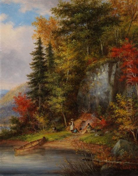 Lakeside Indian Encampment Oil Painting by Cornelius David Krieghoff