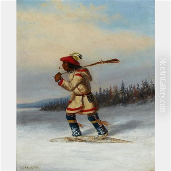 Huron Indian Trapper On Snowshoes Oil Painting by Cornelius David Krieghoff