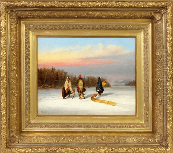 Caughnawaga Indians In Snowy Landscape Oil Painting by Cornelius David Krieghoff