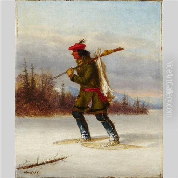 Indian Trapper On Snowshoes Oil Painting by Cornelius David Krieghoff