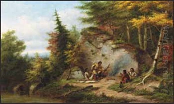 Huron Hunters At Big Rock Oil Painting by Cornelius David Krieghoff