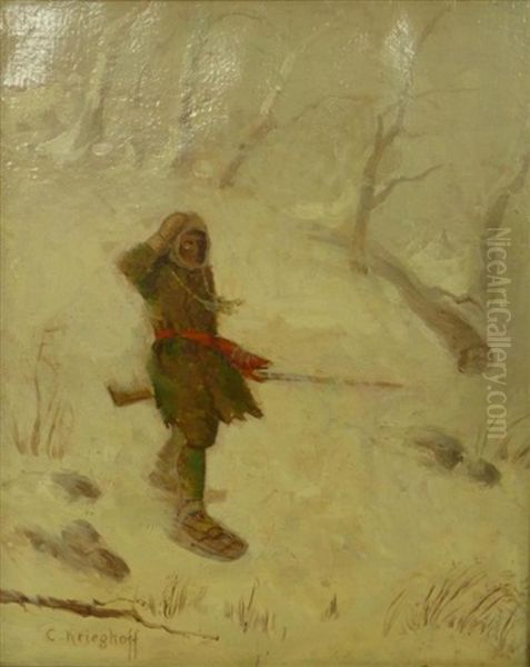 Man In Snowstorm Oil Painting by Cornelius David Krieghoff