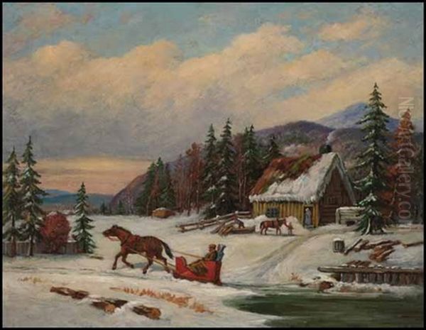 Horse And Sleigh In Winter Oil Painting by Cornelius David Krieghoff