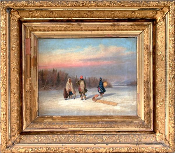 Caughnawaga Indians In Snowy Landscape Oil Painting by Cornelius David Krieghoff