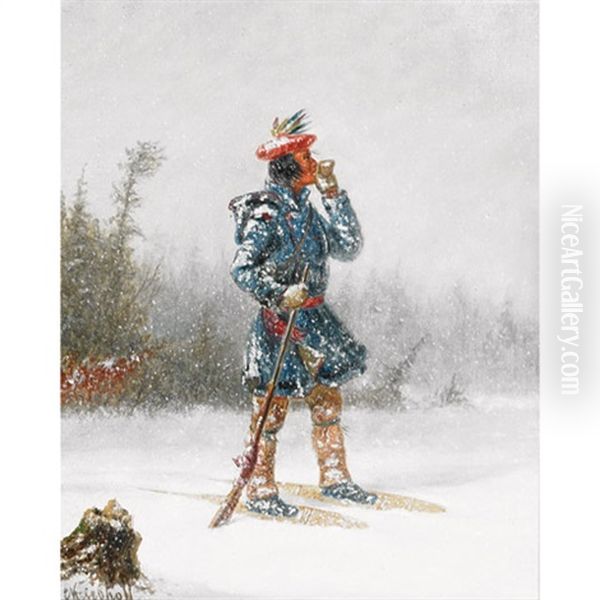 Indian Hunter On Snowshoes Oil Painting by Cornelius David Krieghoff